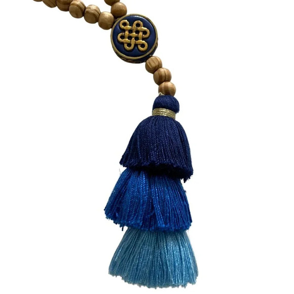 Long Wood Bead Necklace with Blue Tassel Adornment - Picture 2 of 5